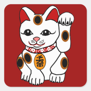 Sticker Carré Chat de Maneki Neko sur l'arrière - plan rouge