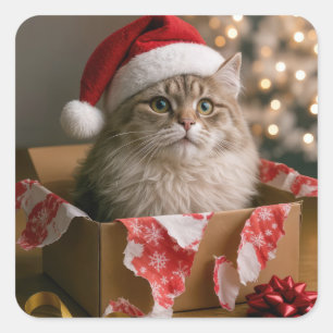 Sticker Carré Chat de Noël dans une boîte