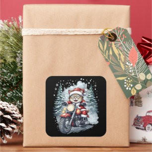 Sticker Carré Chat de Noël en moto sur fond noir