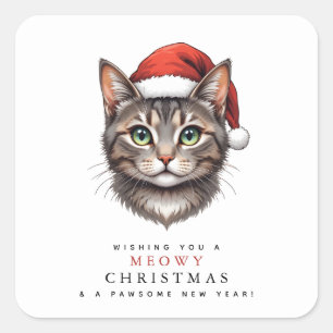 Sticker Carré Chat de Noël mignon moderne avec chapeau de Père N
