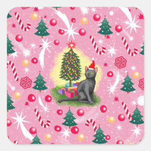 Sticker Carré Chat de Noël rose