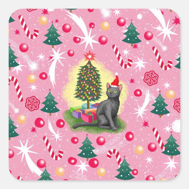 Sticker Carré Chat de Noël rose (Devant)