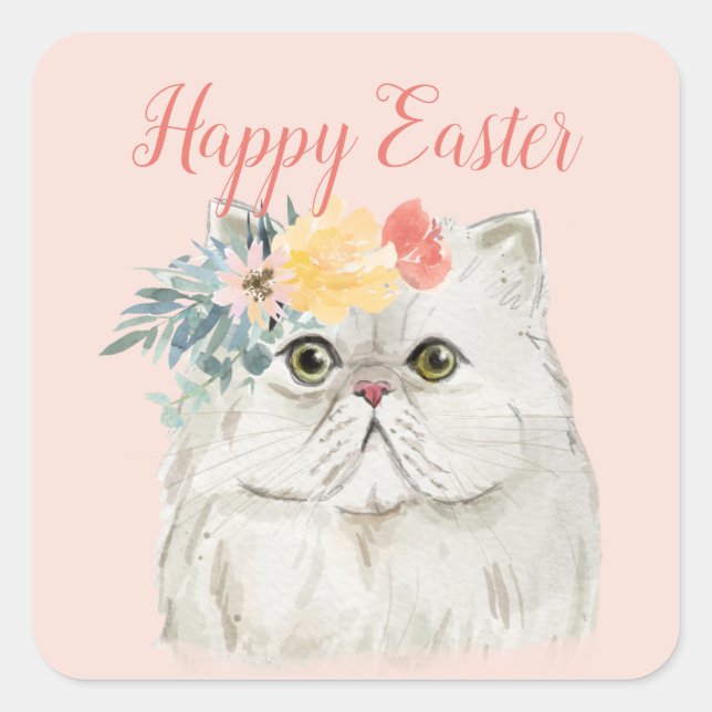 Sticker Carré Chat de Pâques avec fleurs de printemps Joyeux Pâq (Devant)