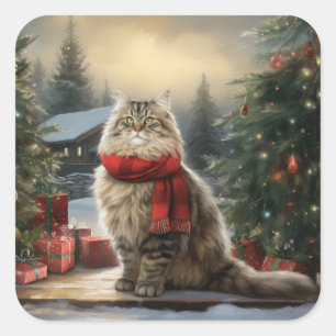 Sticker Carré Chat de Sibérie en Noël de Neige