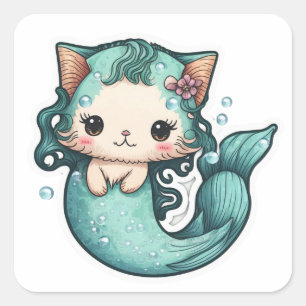 Sticker Carré Chat de sirène d'aquarelle mignonne