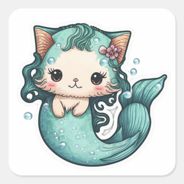 Sticker Carré Chat de sirène d'aquarelle mignonne (Devant)