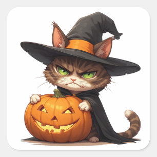 Sticker Carré Chat de sorcière grincheux avec citrouille Hallowe