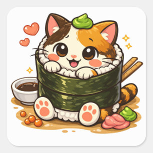 Sticker Carré Chat de sushi drôle Création de chat de nourritu