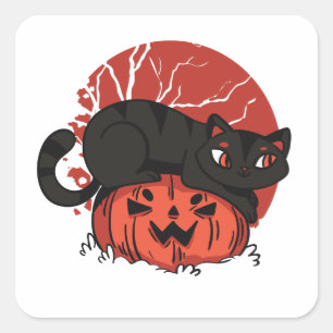 Sticker Carré Chat d'Halloween et Jack-o'-lantern