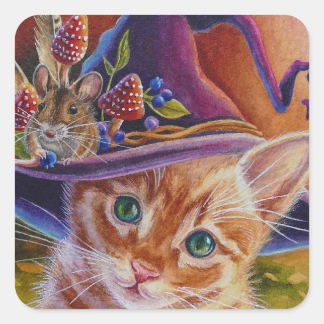 Sticker Carré Chat d'Halloween et souris n° 1 Aquarelle Art (Devant)