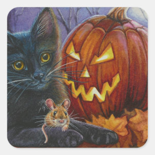Sticker Carré Chat d'Halloween et souris n° 2 Aquarelle Art