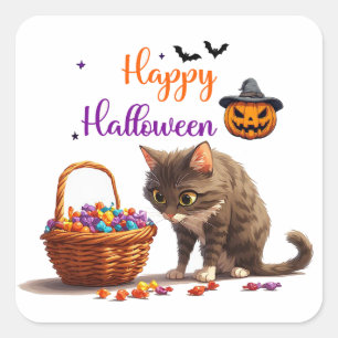 Sticker Carré Chat d'Halloween et surprise de bonbons de citroui