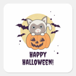 Sticker Carré Chat En Citrouille Chats Doux Joyeux Halloween