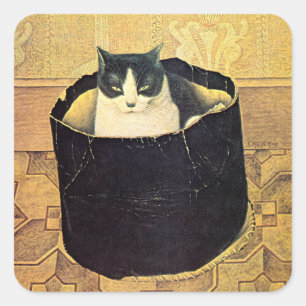 Sticker Carré Chat en Hatbox, Solomon Meijer