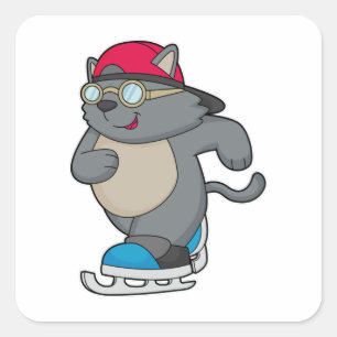 Sticker Carré Chat en patinage sur glace avec patins sur glace
