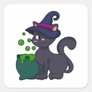 Sticker Carré Chat en sorcière avec Cauldron