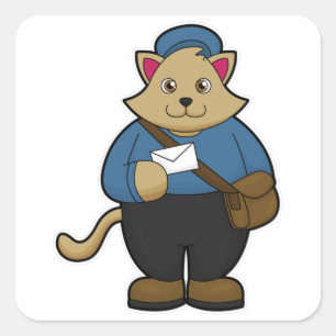 Sticker Carré Chat en tant que Postman avec Enveloppe & Sac