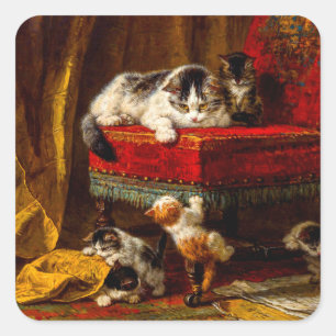 Sticker Carré Chat et chatons Jouer avec chaise