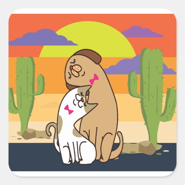 Sticker Carré Chat et chien avec coucher de soleil (Devant)