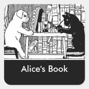 Sticker Carré Chat et chien dans la bibliothèque