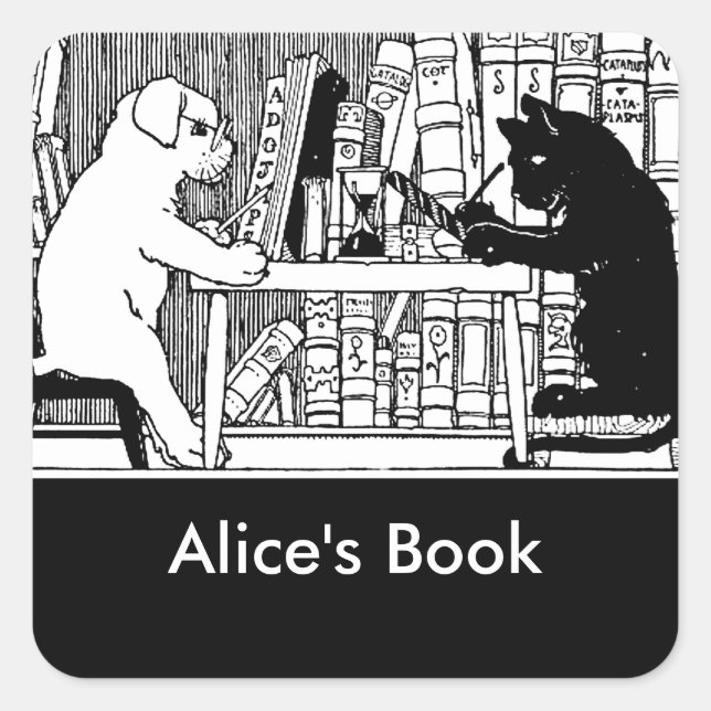 Sticker Carré Chat et chien dans la bibliothèque (Devant)