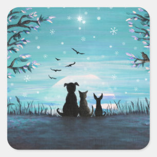 Sticker Carré Chat et chiens Coucher de soleil hivernal