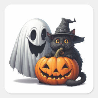 Sticker Carré Chat fantôme effrayant Citrouille Halloween 🎃