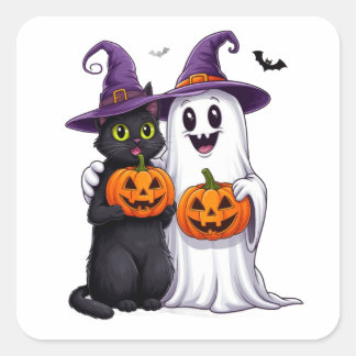 Sticker Carré Chat fantôme et scène d'Halloween de citrouille 👻