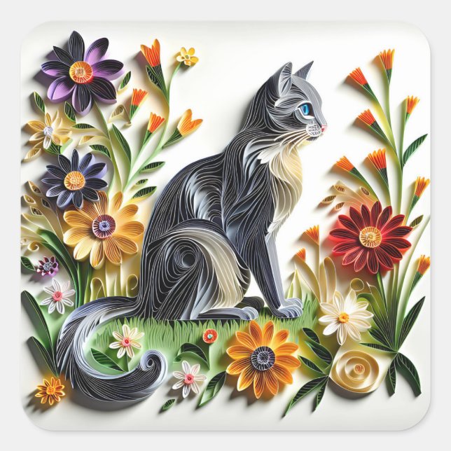 Sticker Carré Chat Faux Papier Quilling Chat et Fleurs (Devant)