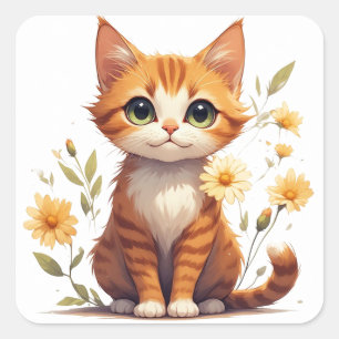 Sticker Carré Chat Floral Mignon Avec Sourire Heureux 💕