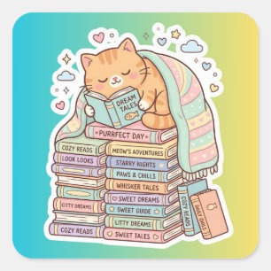 Sticker Carré Chat Fumeur de Livres Coin Lecture Chaton