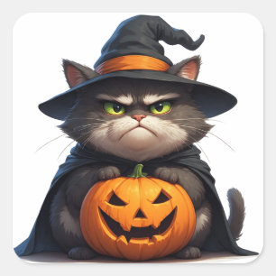 Sticker Carré Chat grincheux d'Halloween tenant une lanterne cit