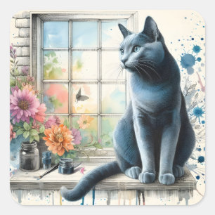 Sticker Carré Chat gris bleu russe dans la fenêtre Fleurs d'été