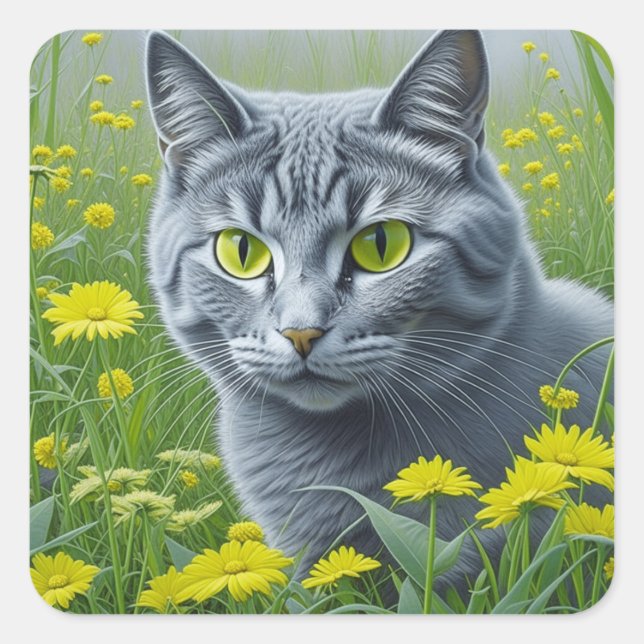 Sticker Carré Chat gris mignon avec Yellow Eyes Ai Art (Devant)