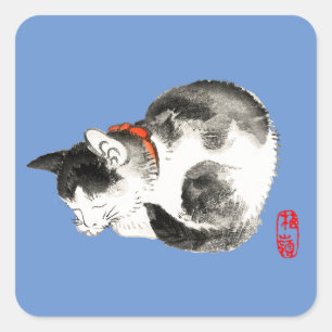 Sticker Carré Chat japonais couché noir et blanc
