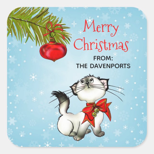 Sticker Carré Chat Kitty En Jeu Dans Une Bow De Noël Rouge (Devant)