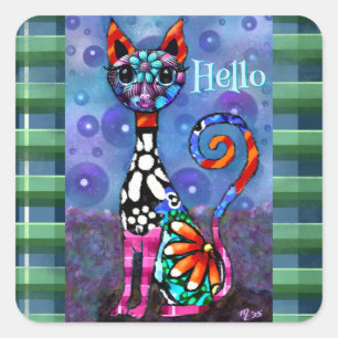 Sticker Carré Chat Kitty Funky aux Grands Yeux Fantaisiste Perso