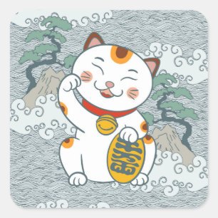 Sticker Carré Chat Lucky Japonais Calico   Maneki Neko