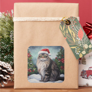 Sticker Carré Chat Maine Coon à Noël de neige