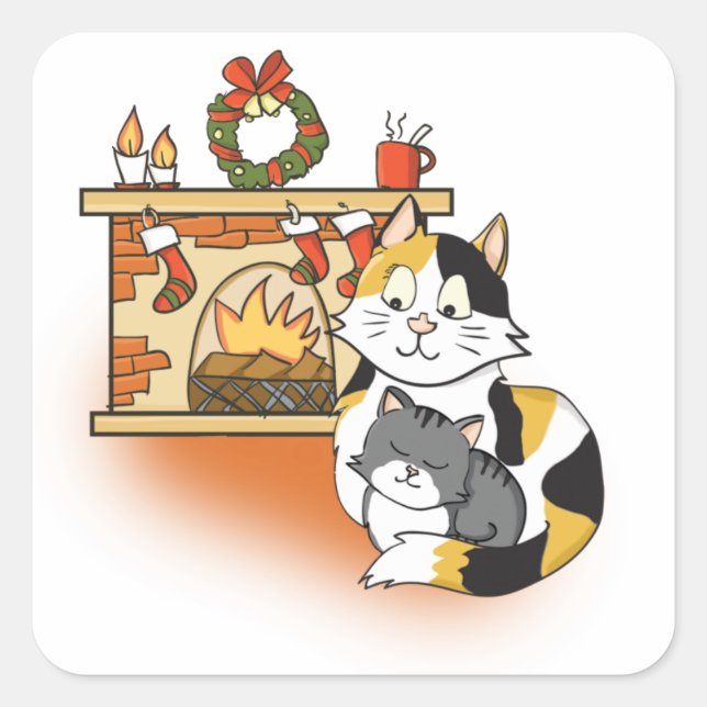 Sticker Carré Chat Mère mignonne et cheminée de Noël Kitten (Devant)