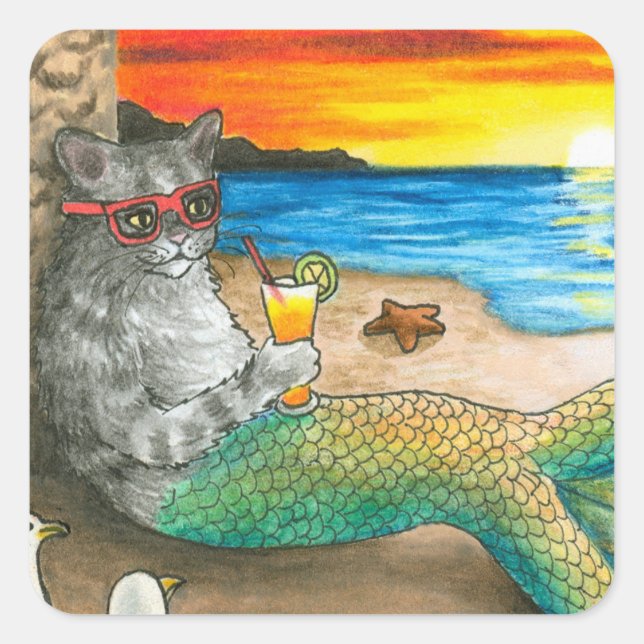 Sticker Carré Chat Mermaid 25 Beach Sunset (Devant)