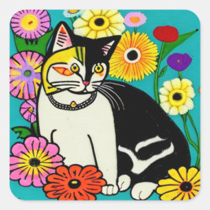 Sticker Carré Chat mignon avec Fleurs Jaunes Art populaire