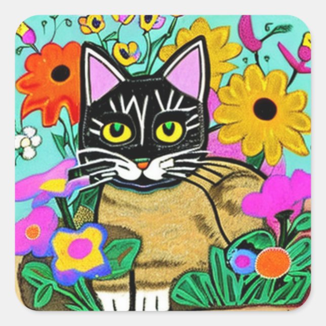Sticker Carré Chat mignon avec l'art populaire de Fleur (Devant)