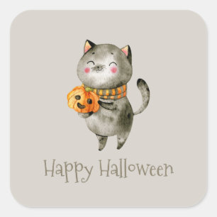 Sticker Carré Chat mignon de Halloween avec l'autocollant du