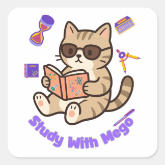 Sticker Carré Chat mignon étudiant avec des lunettes de soleil d