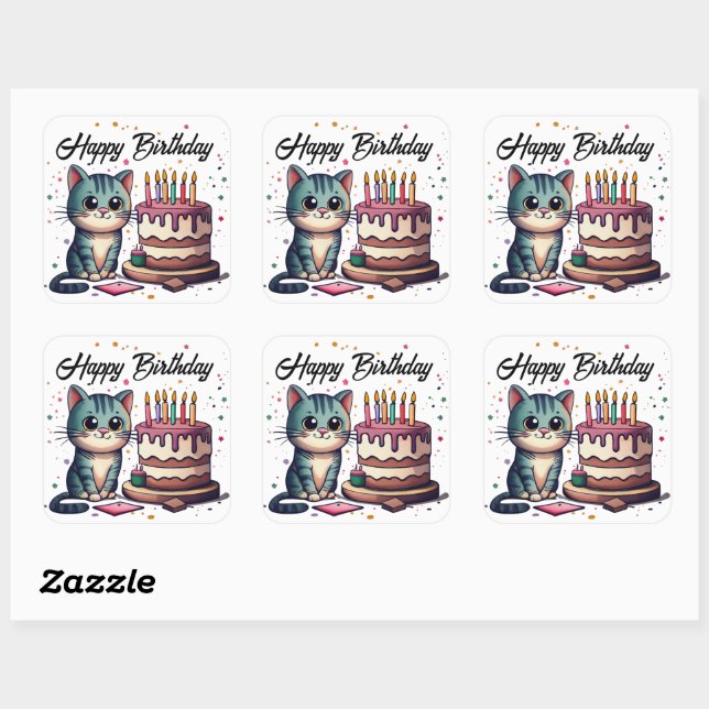 Sticker Carré Chat mignon Joyeux anniversaire (Feuille)