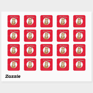 Sticker Carré Chat moderne joyeux rouge flocon de neige Noël cha