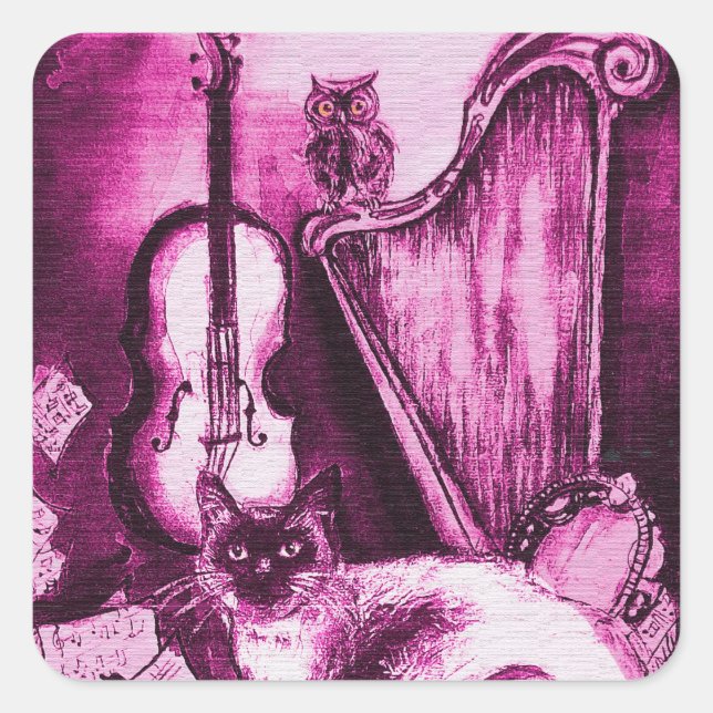 Sticker Carré CHAT MUSICALE ET OWL rose violet blanc (Devant)
