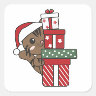 Sticker Carré Chat Noël Cadeau d'hiver Animaux Chats Carré Stic