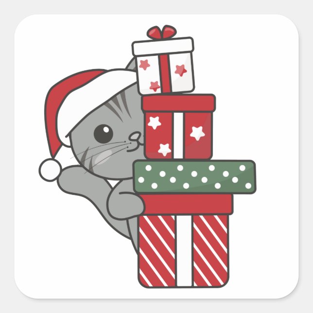 Sticker Carré Chat Noël Cadeau d'hiver Animaux Chats Carré Stic (Devant)